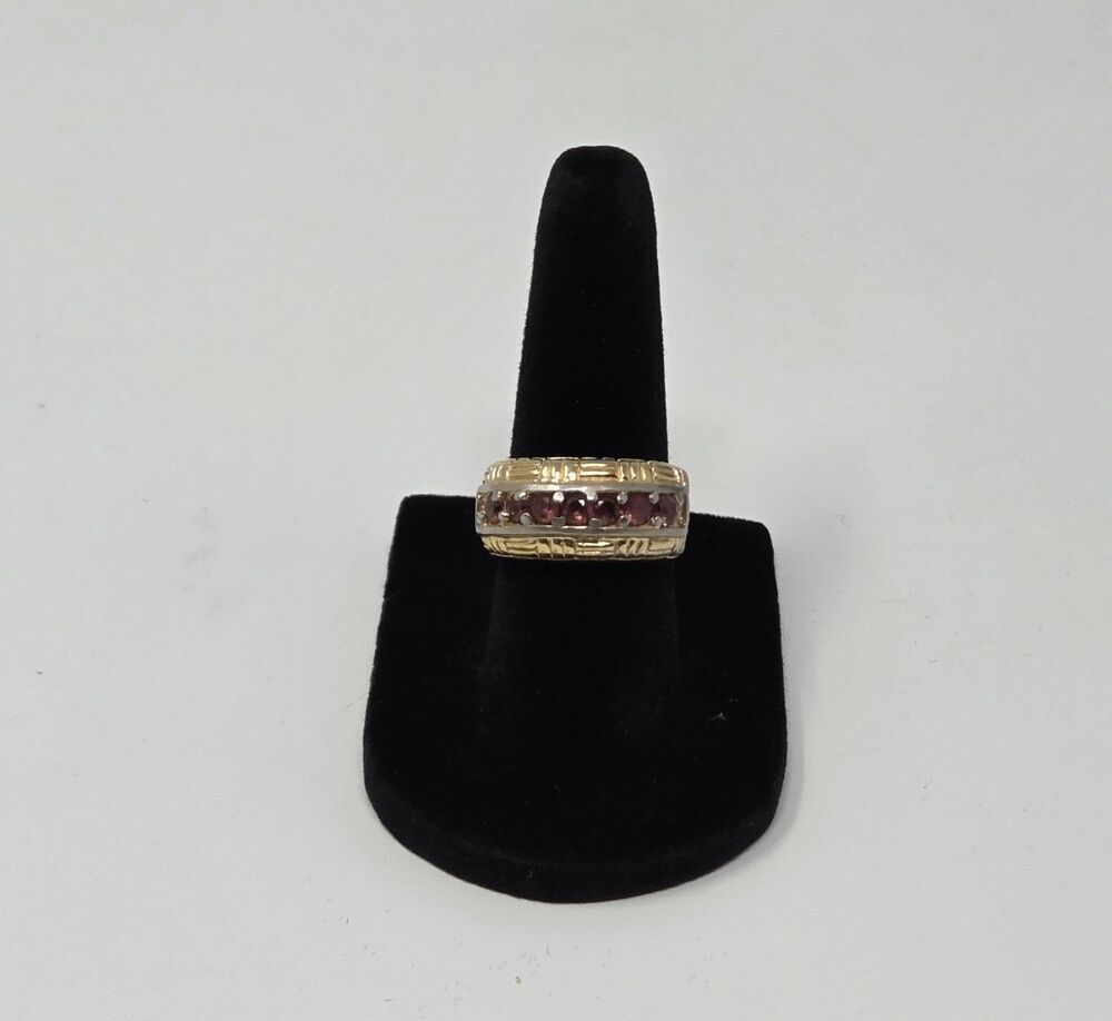 925 Sterling Silver Gold Plated Garnet CZ Channel Set Ring‎ Wide Band Mens...